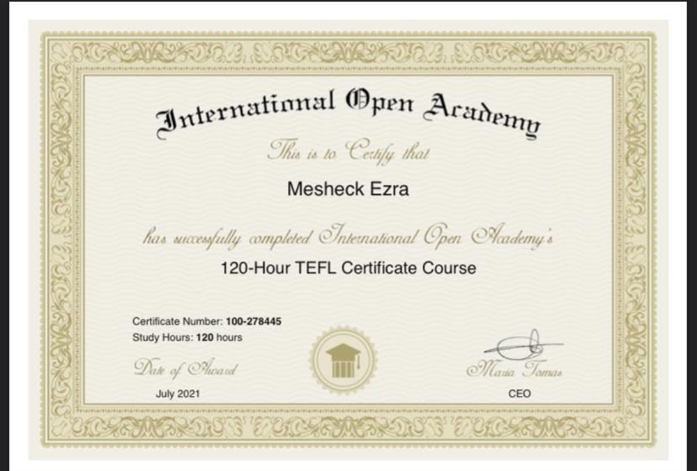 TEFL certification from International Opetn Academy 