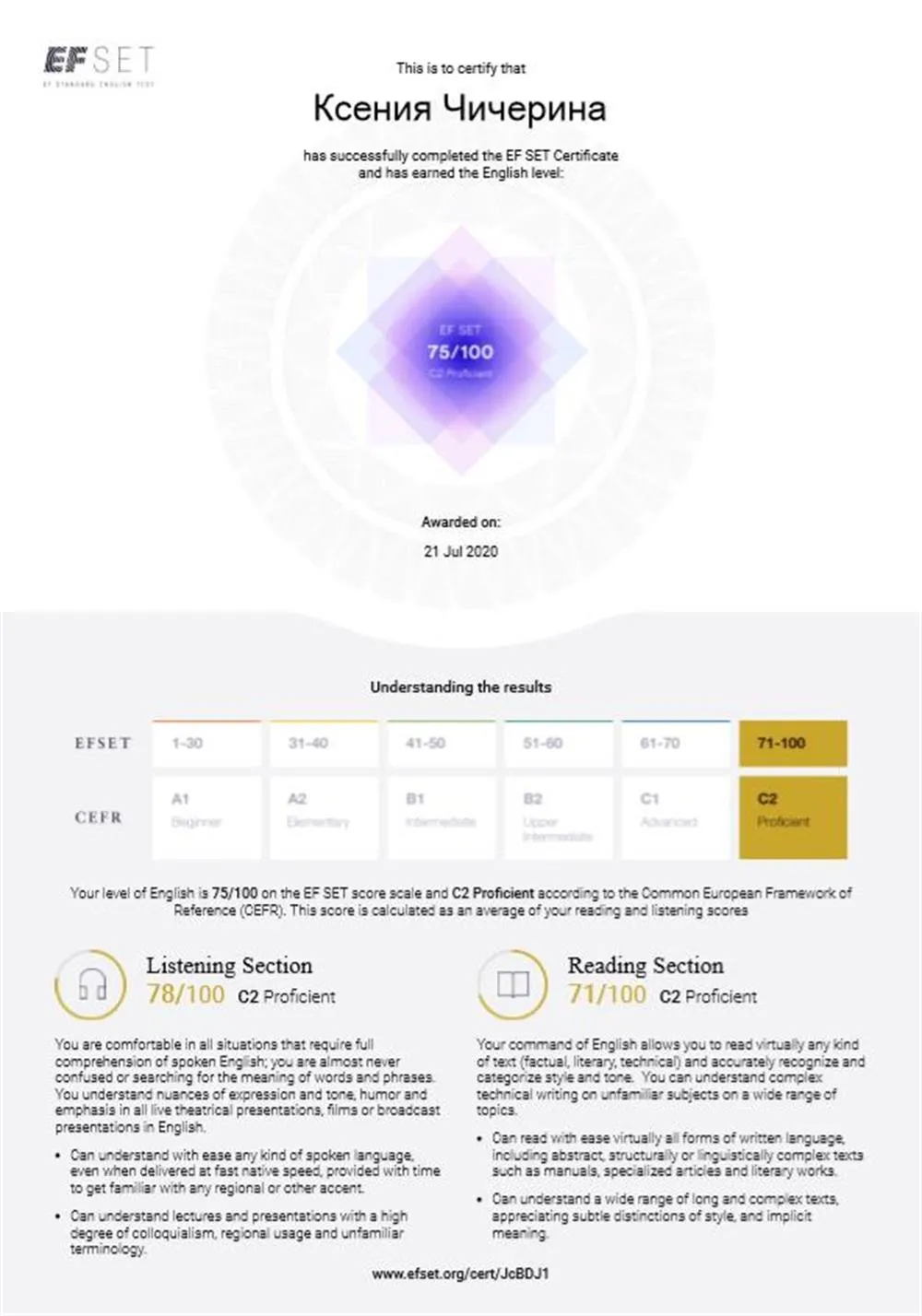 EF SET Certificate