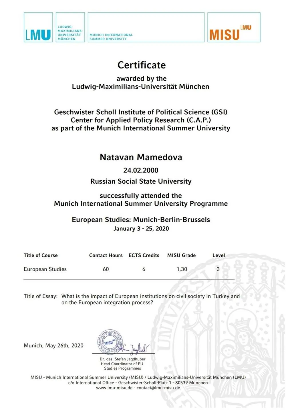 Certificate Ludwig Maximilians University of Munich