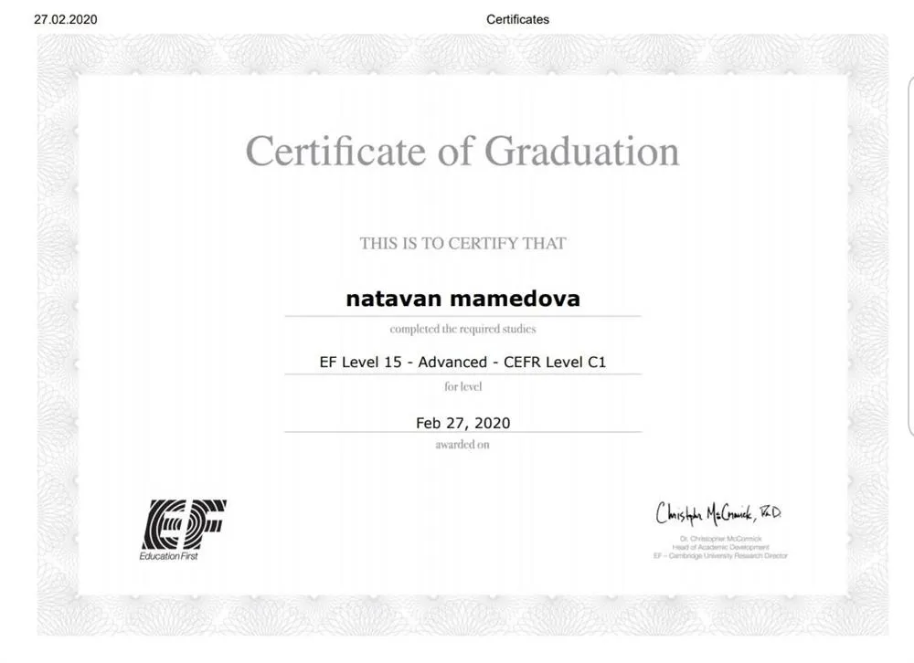 Certificate of Graduation International school of English First 