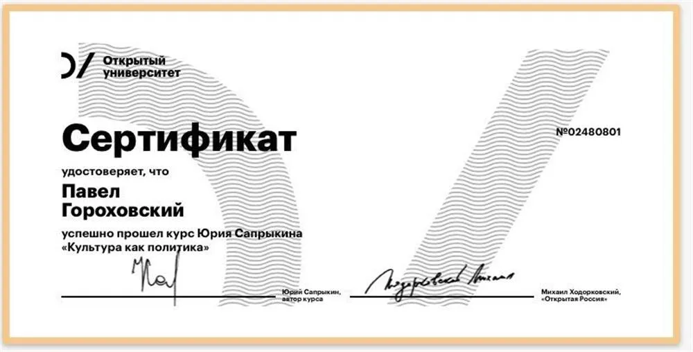 Сертификат о прохождении курса по новейшей истории России "Открытого Университета"