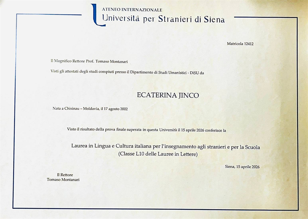 Диплом об оконченном высшем педагогическом образовании в городе Сиена, Италия.