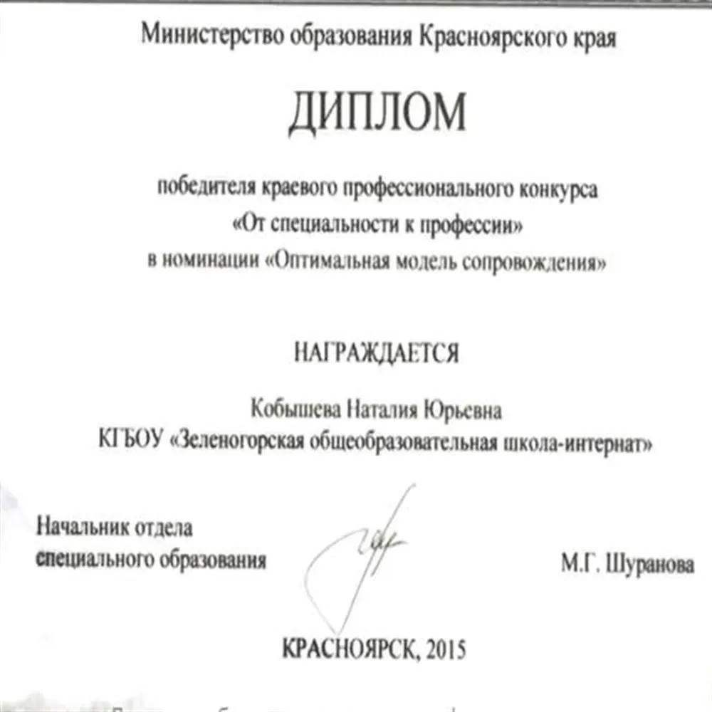 Диплом победителя краевого профессионального конкурса "От специальности к профессии"