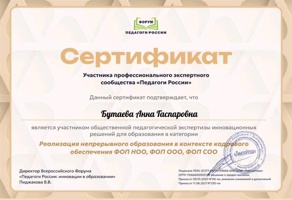 Сертификат. Реализация непрерывного образования в контексте кадрового обеспечения. 