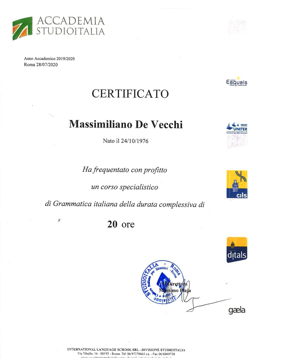 Certificato corso specialistico grammatica