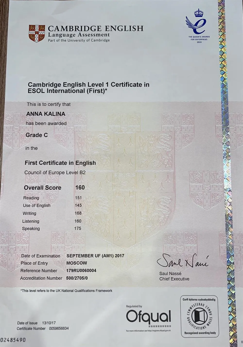 Cambridge English Level 1 Certificate in ESOL International