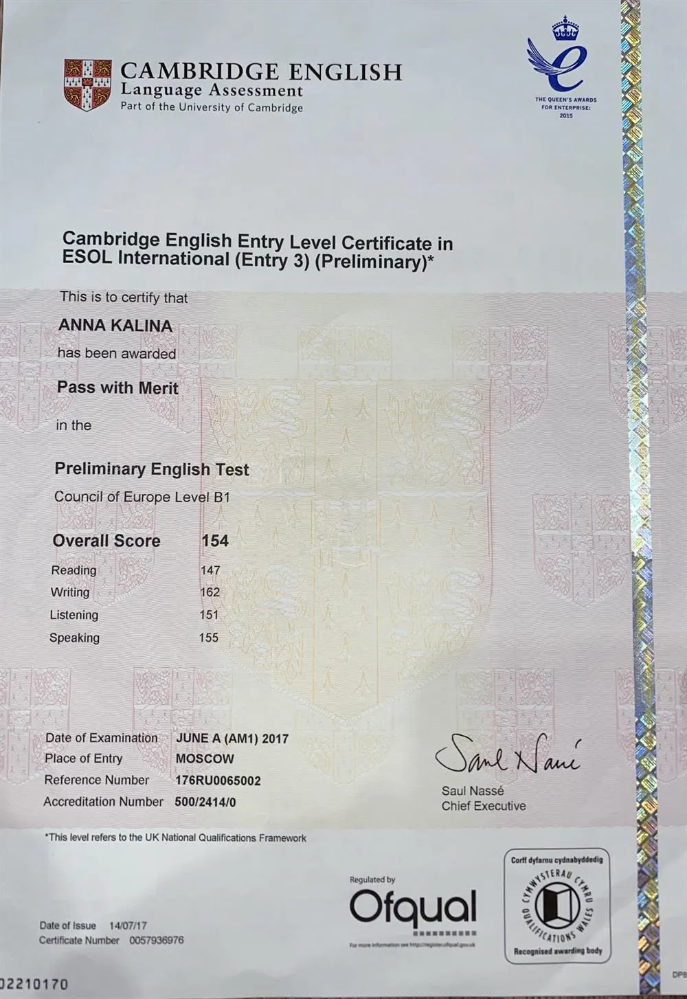 Cambridge English Entry Level Certificate in ESOL International 