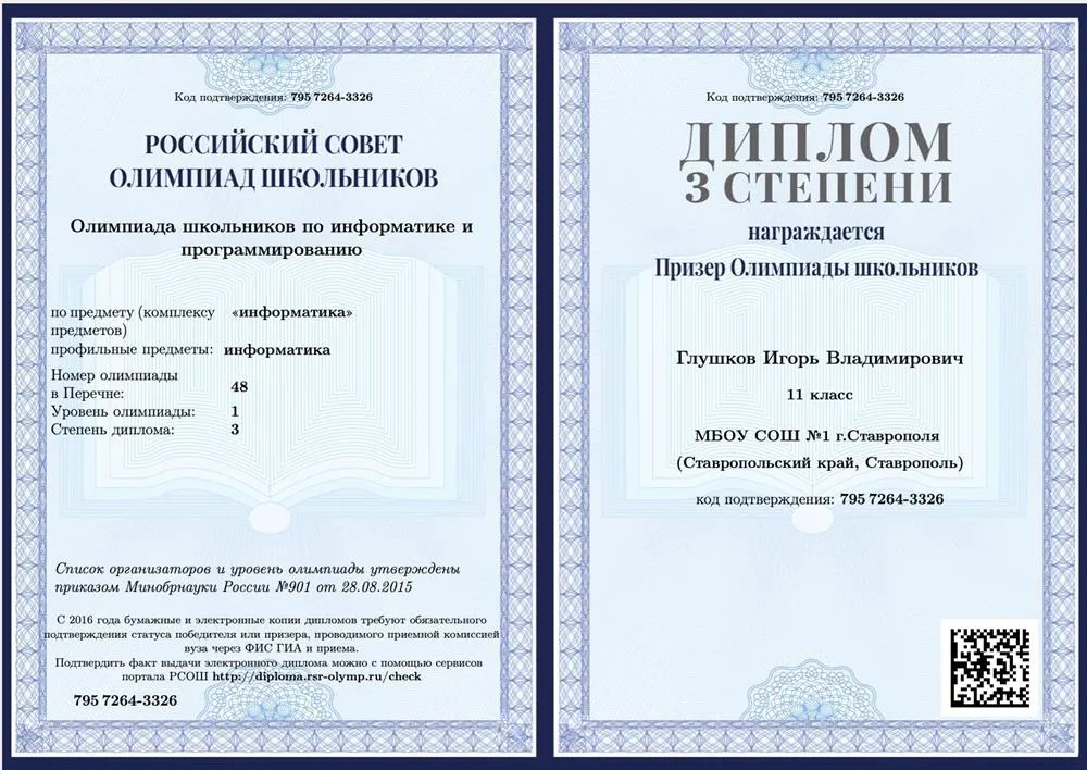 Призёр олимпиады школьников по информатике и программированию