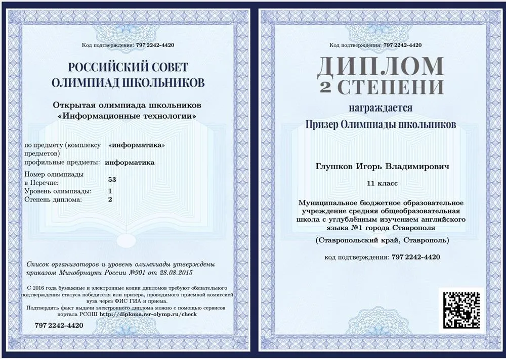 Призёр олимпиады школьников "Информационные технологии"