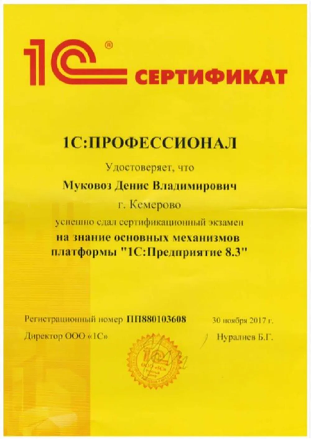 Сертификат "1С:Профессионал"