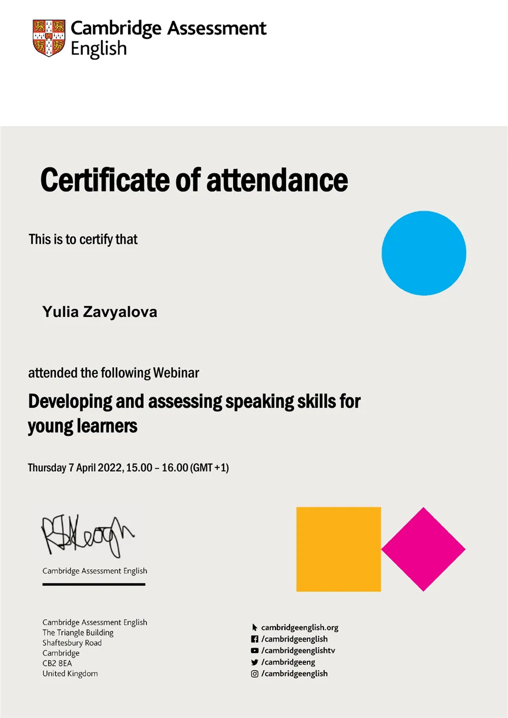 Cambridge webinar “Developing and assessing speaking skills for young learners”