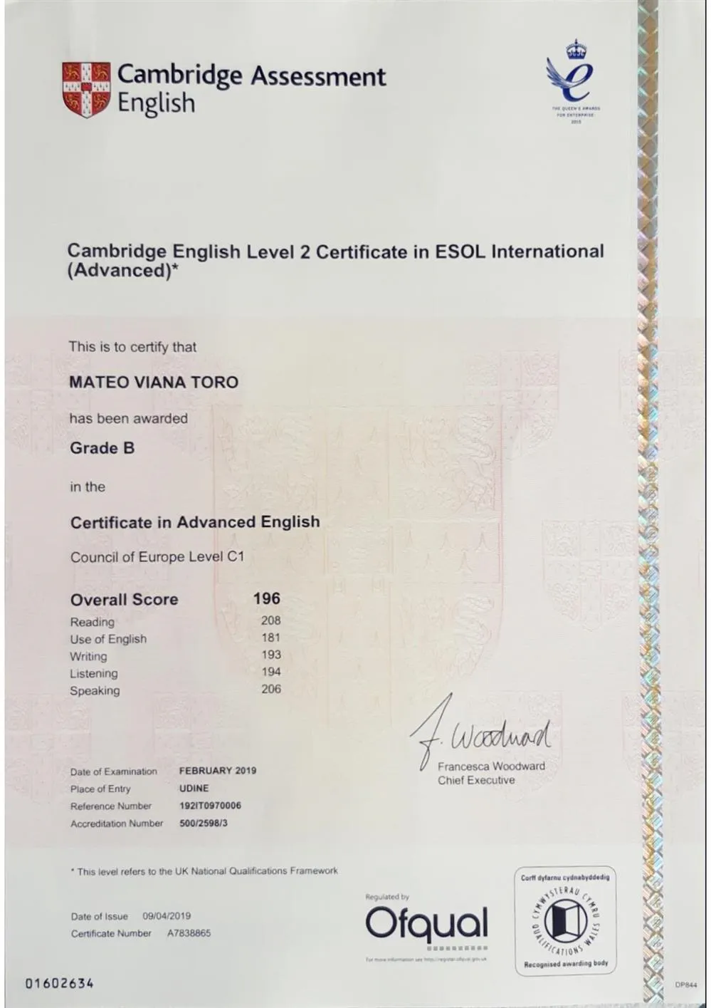 Cambridge certificate ENGLISH 