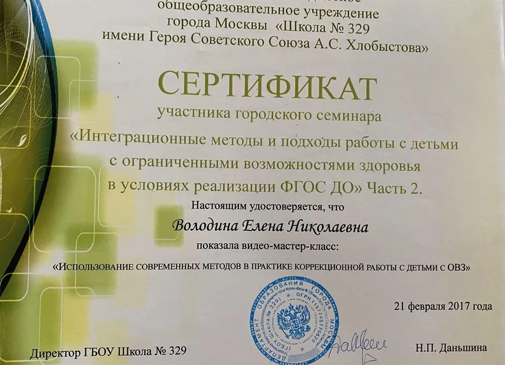 Сертификат участника городского семинара (2017 г.)