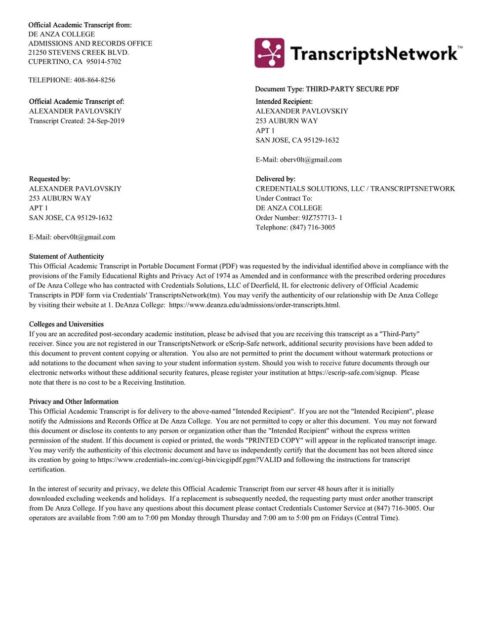 De Anza College Transcript Page 1