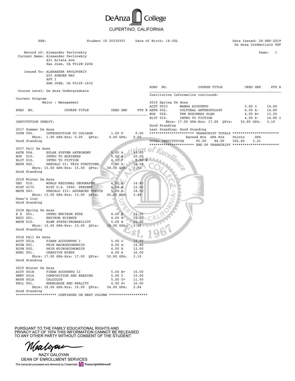 De Anza College Transcipt Page 2