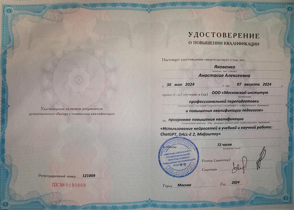 Удостоверение. Повышение квалификации