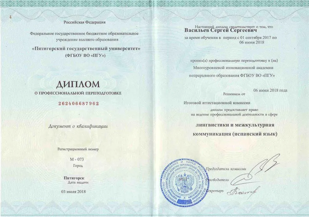 Диплом о профессиональной переподготовке ФГБОУ ВО  "ПГУ" 