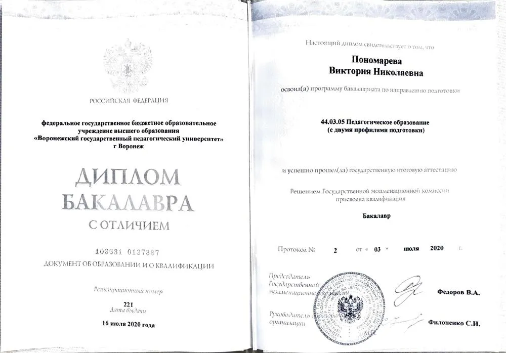 Диплом бакалавра с отличием ВГПУ