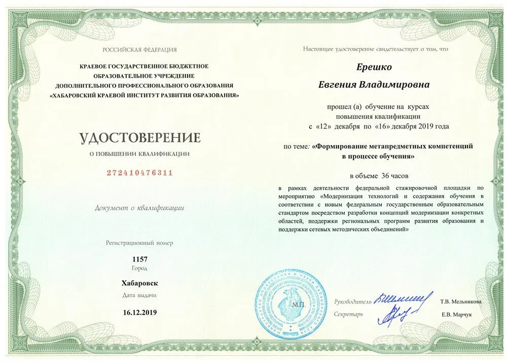 Удостоверение по метопредметным компетенциям