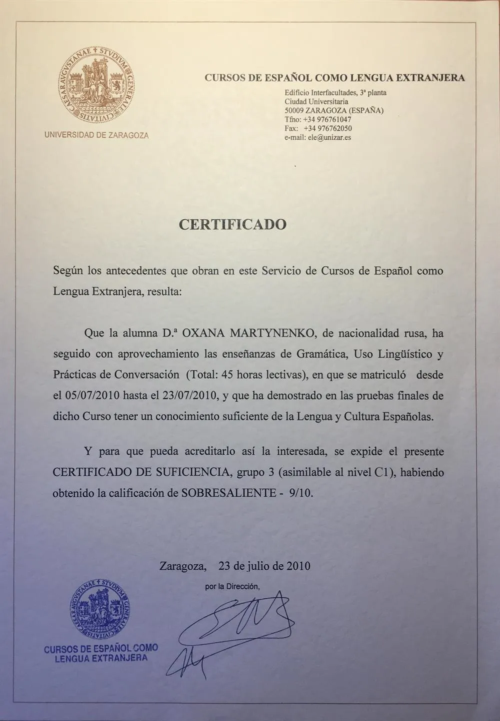 Certificado de la Universidad de Zaragoza