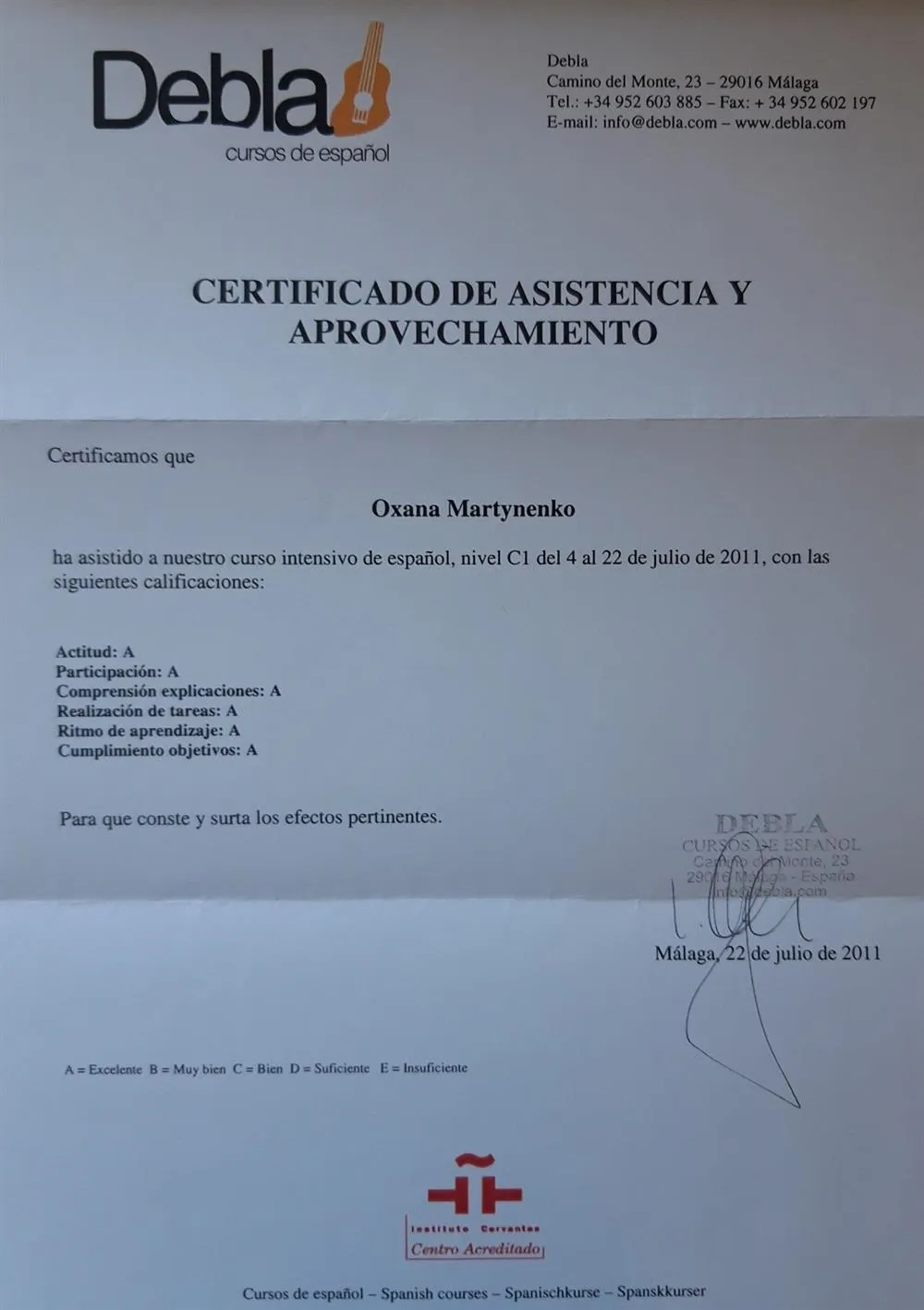 Certificado del Instituto Cervantes