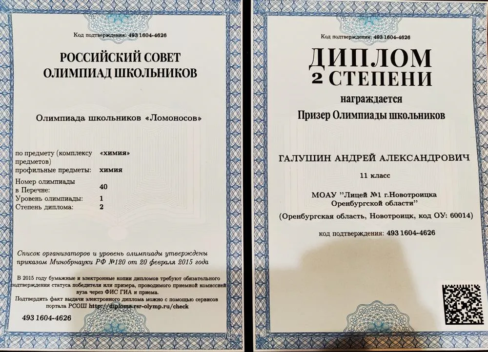Диплом призера олимпиады школьников "Ломоносов" (при МГУ)