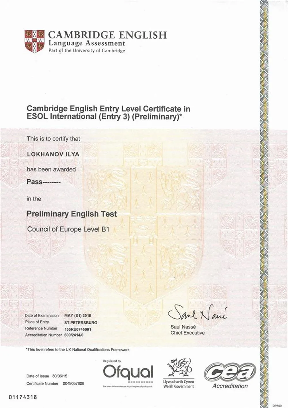 Cambridge English entry level Certificate in ESOL international