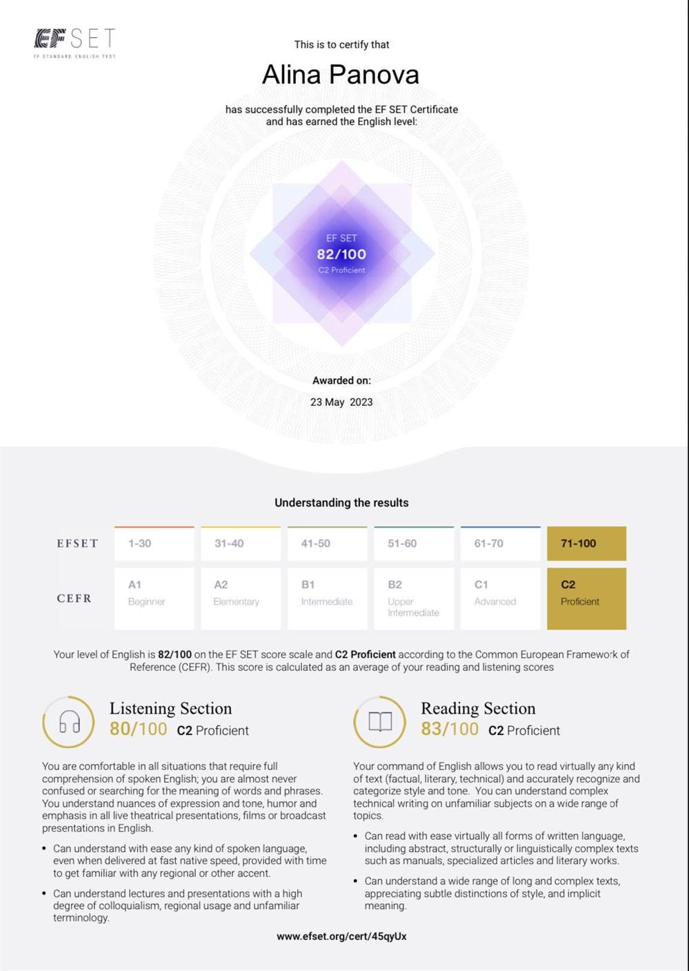 EF SET Certificate 