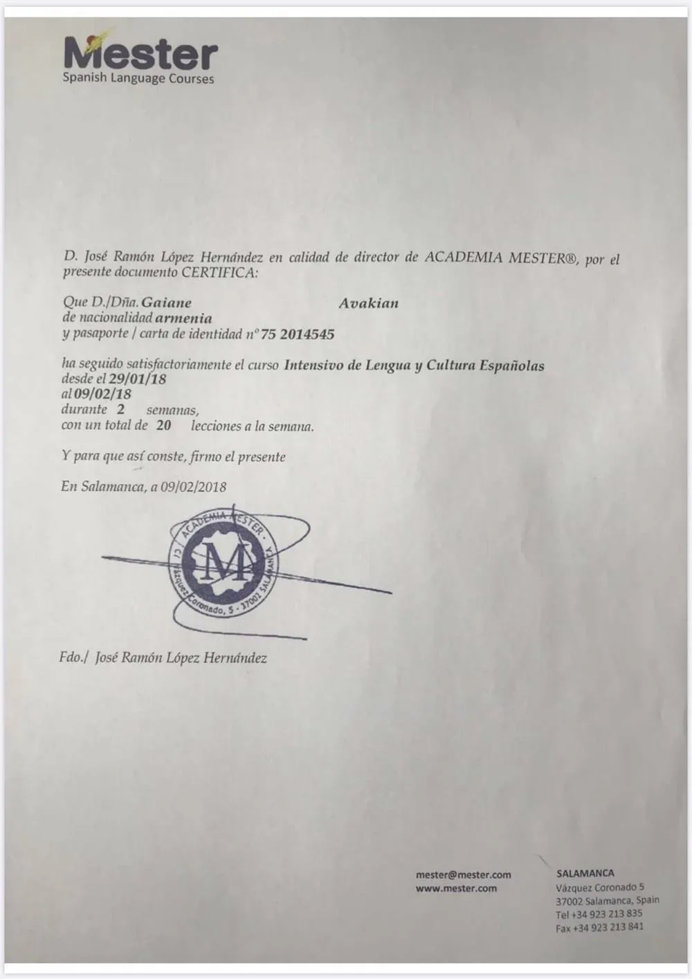 Диплом о зарубежном образовании, Испания, г. Саламанка, 2018