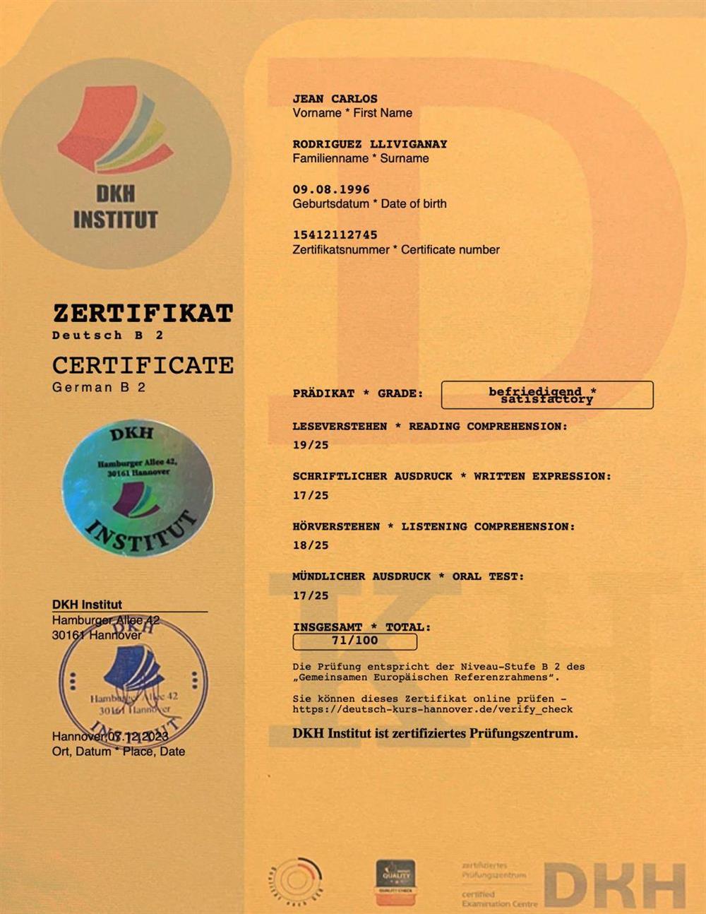Certificate (German B2) 