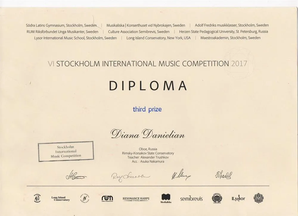 Лауреат III степени VI Стокгольмского Международного конкурса (Швеция, 2017)