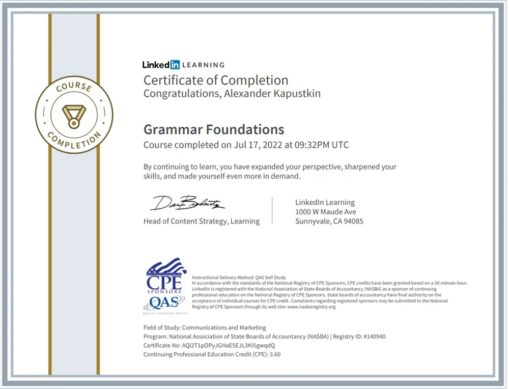 Certificate of Completion Grammar Foundations