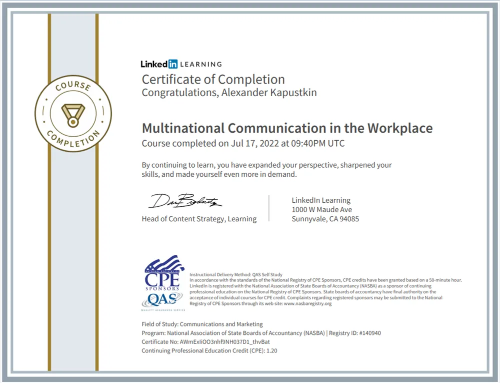 Certificate of Completion Multinational Communication in the Workplace