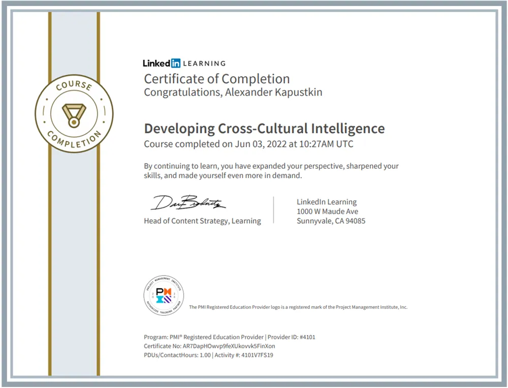 Certificate of Completion Developing Cross-Cultural Intelligence