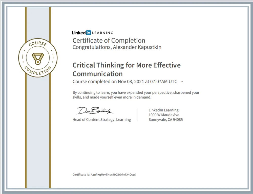 Certificate of Completion Critical Thinking for More Effective Communication