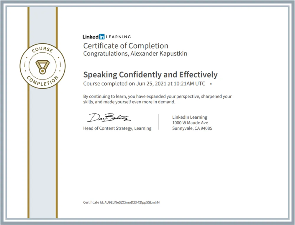 Certificate of Completion Speaking Confidently and Effectively