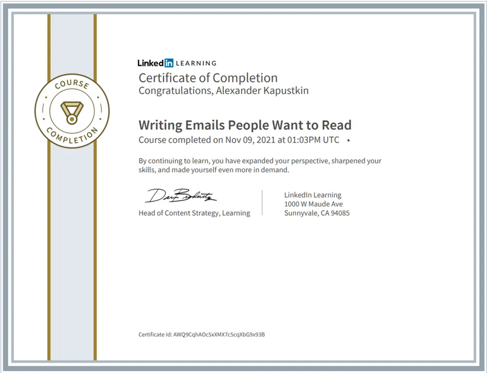 Certificate of Completion Writing Emails People Want to Read