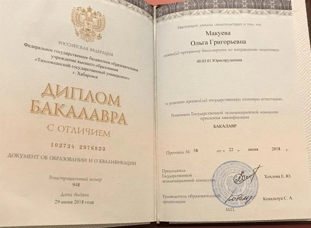 Диплом ТОГУ ЮИ