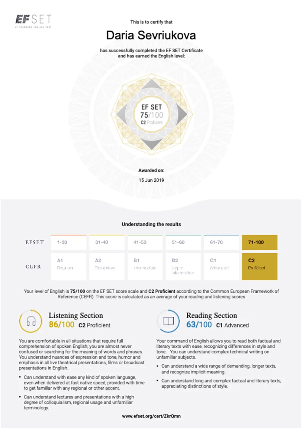 EF SET certificate
