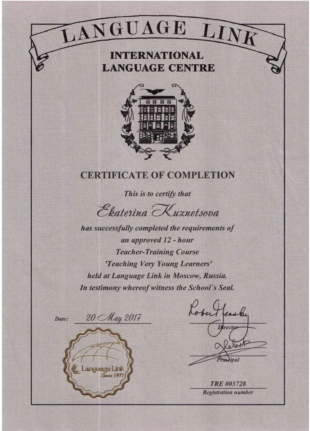 Language Link, Certificate Of Completion Teaching Very Young Learners