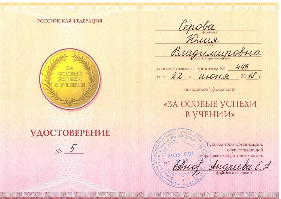 Удостоверение к золотой медали