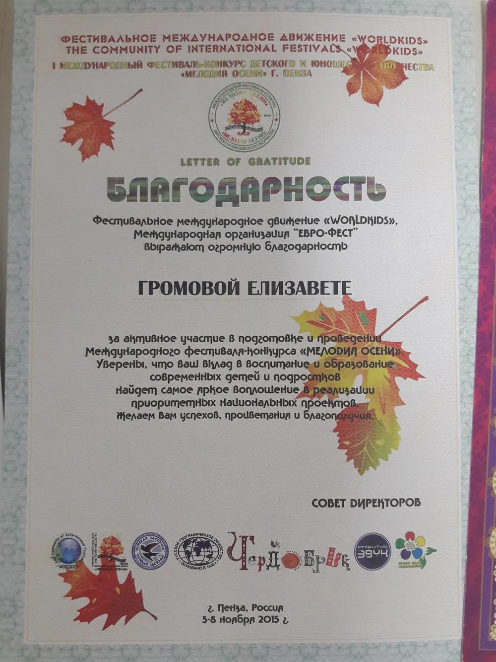 Благодарность за участие в международном фестивале в качестве жюри 