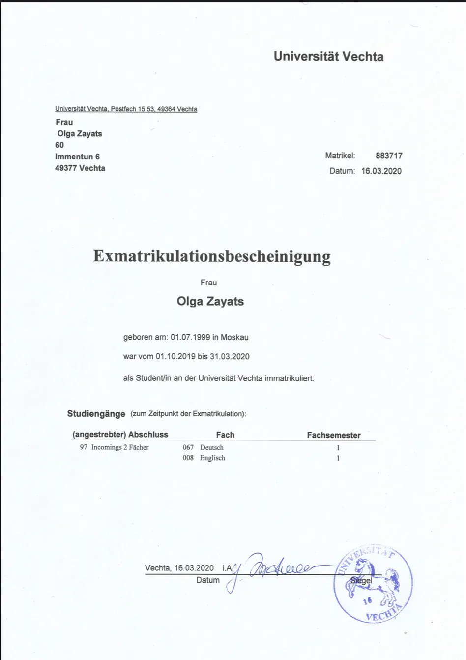 Подтверждение обучения в Германии