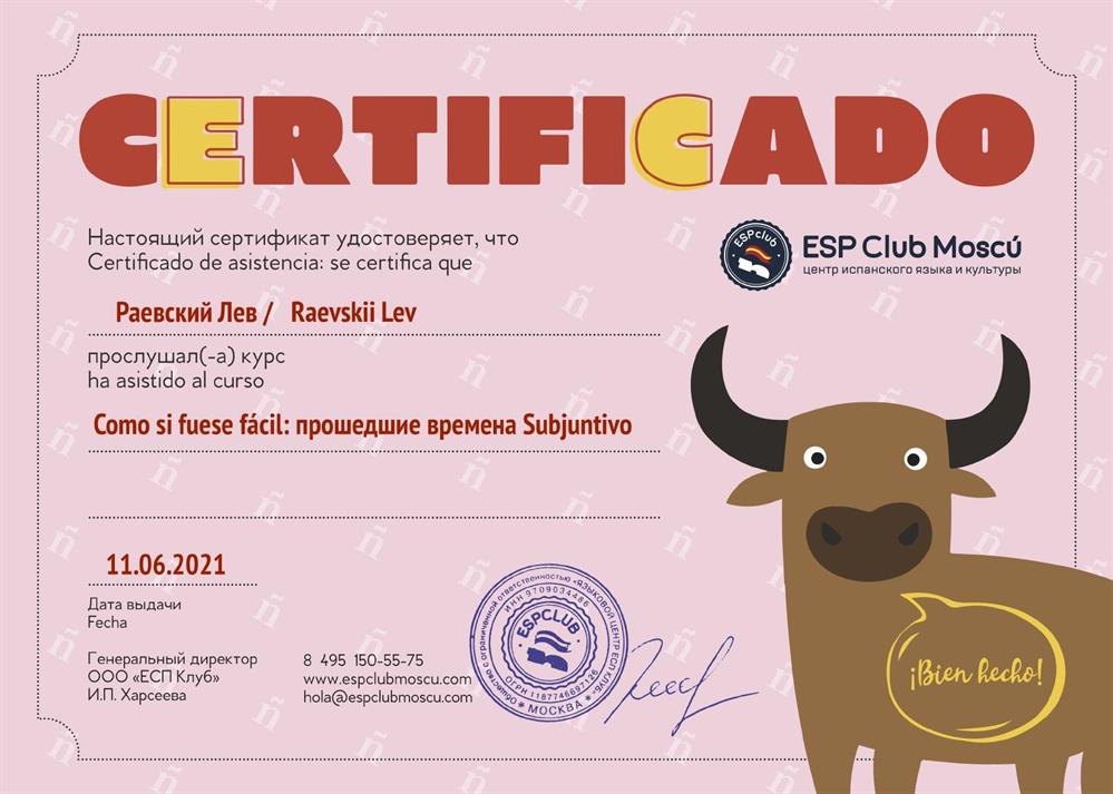 Сертификат о прохождении спецкурса, испанский язык