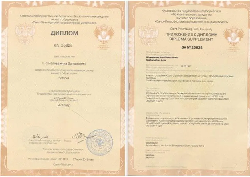 Диплом бакалавра Института истории Санкт-Петербургского государственного университета