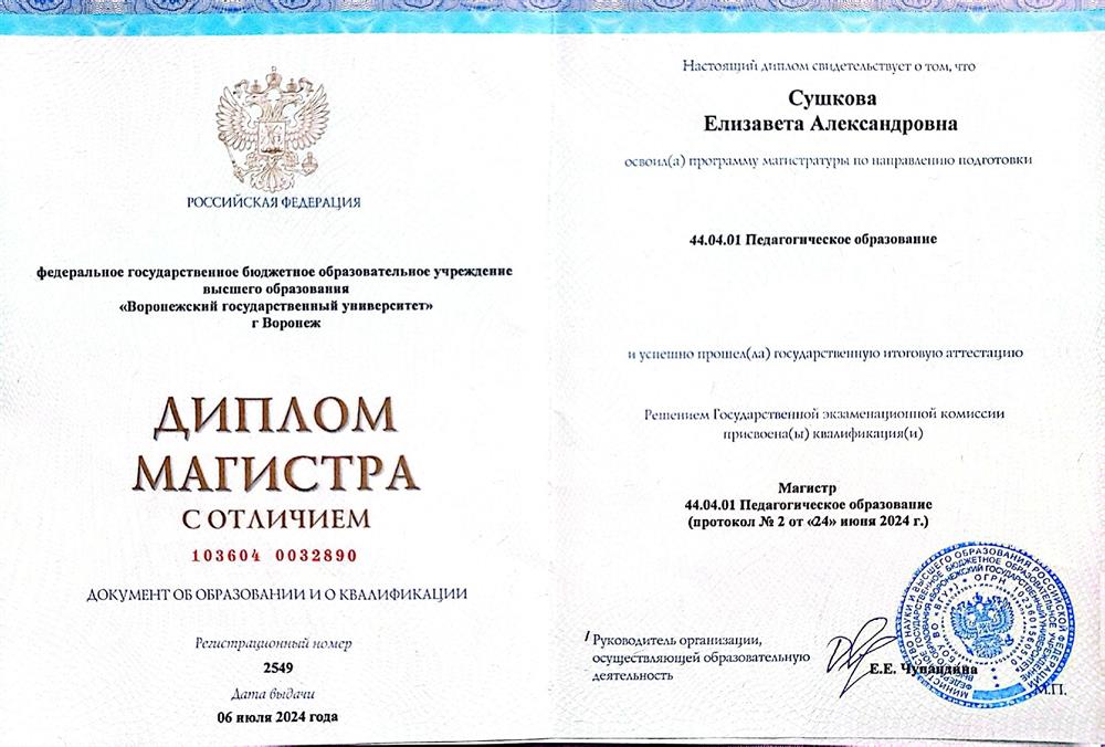 Диплом магистра по направлению "Педагогическое образование"
