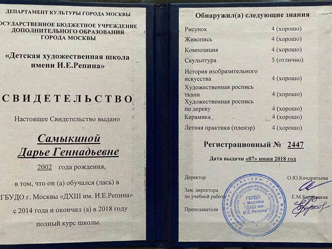 Свидетельство об окончании «Детской художественной школы имени И.Е. Репина»
