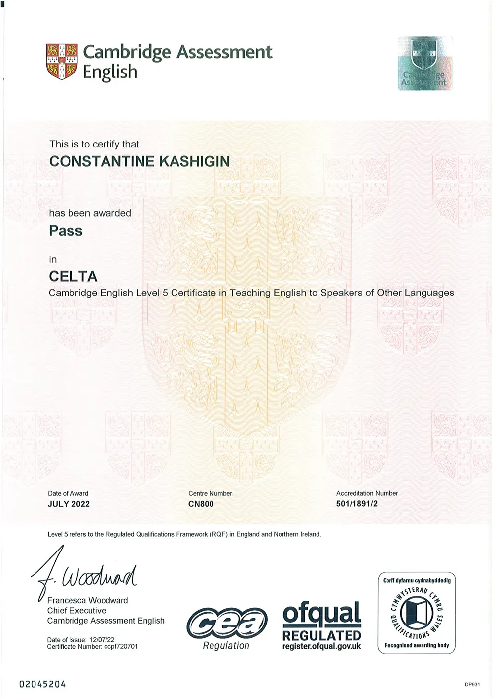 CELTA Certificate