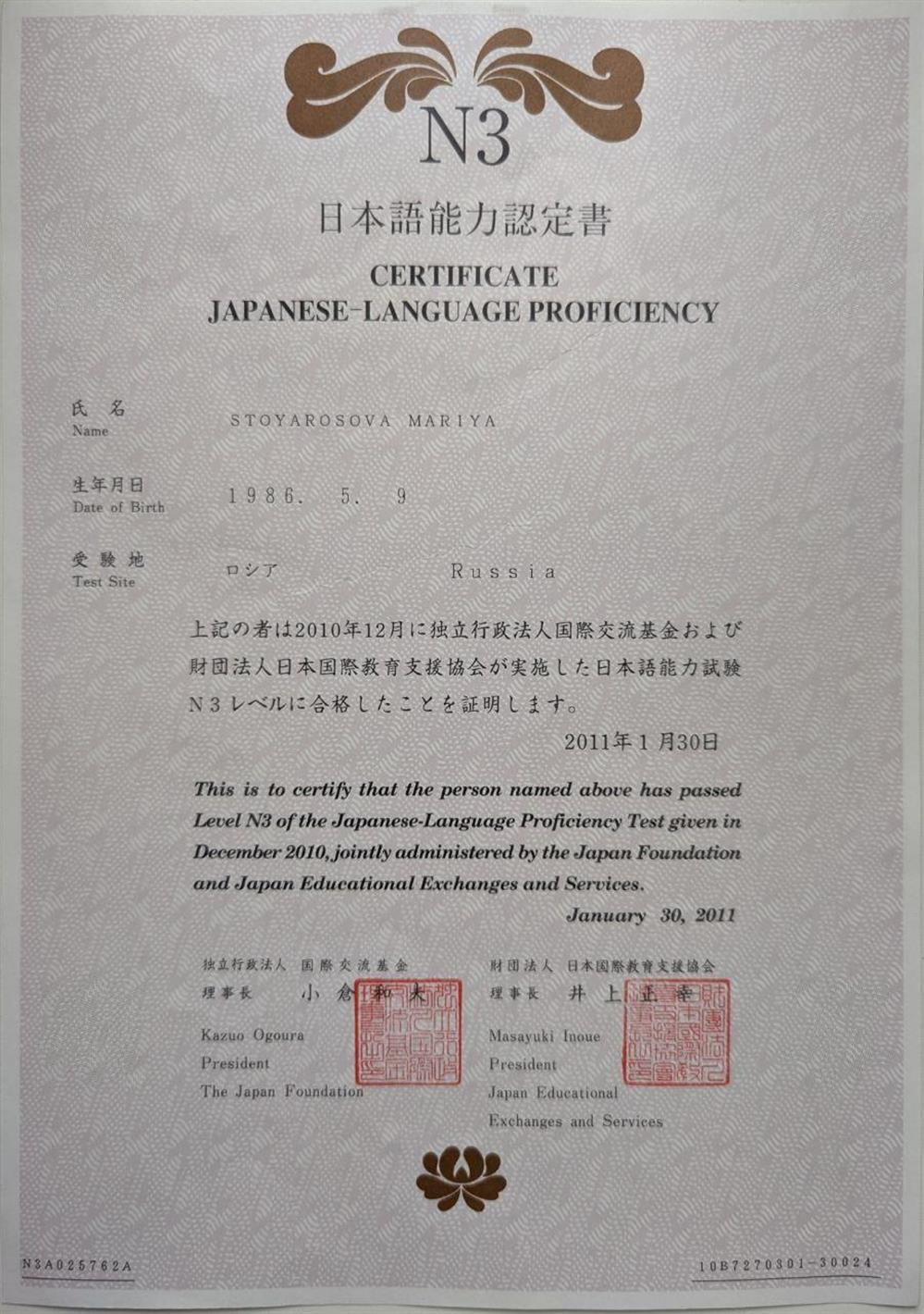 Сертификат о сдаче  JLPT N3
