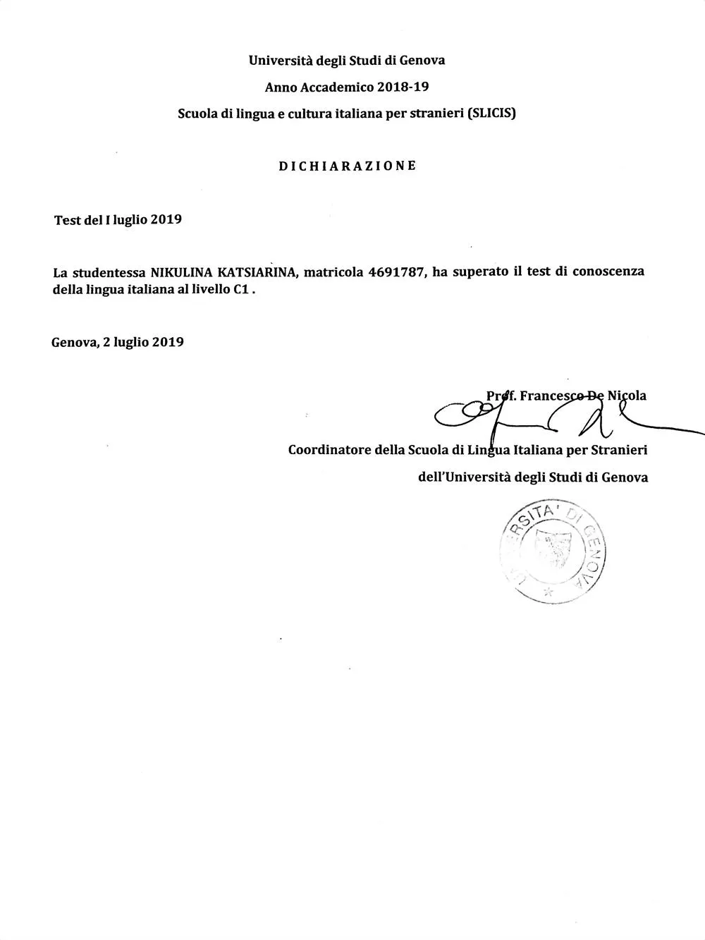 Certificato do conoscenza della lingua italiana al livello C1